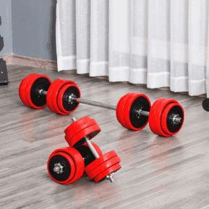 red and black 30kg barbell & dumbbell set, laying on a wooden floor
