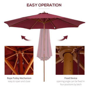 Outsunny 3m Fir Wood Parasol Wine Red