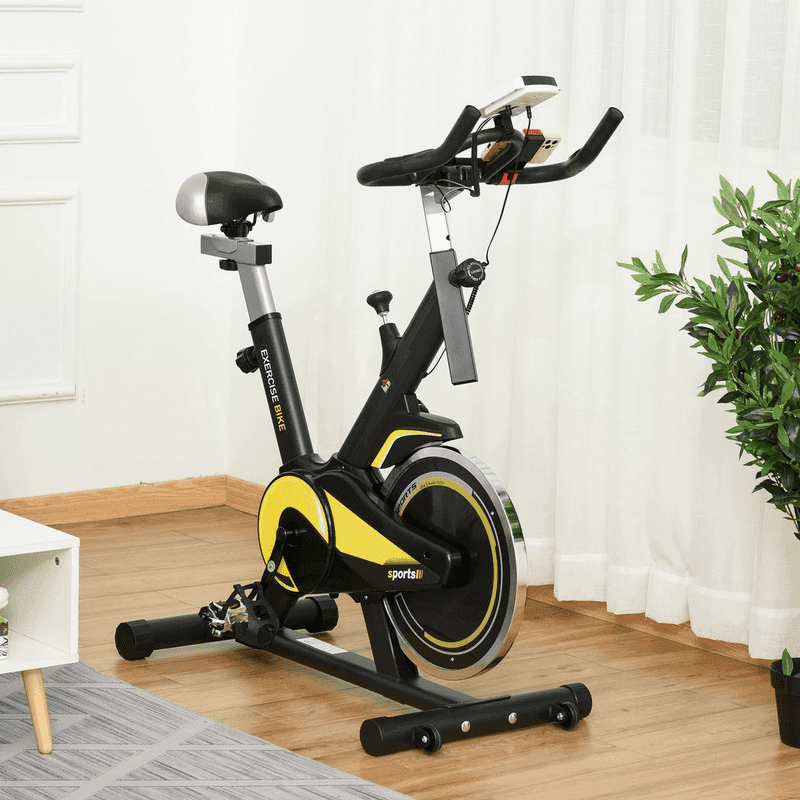 Yellow exercise bike, linked to fitness and gym equipment when image is clicked on.