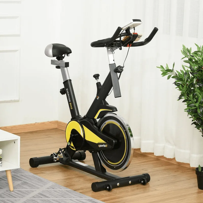 Yellow exercise bike, linked to fitness and gym equipment when image is clicked on.