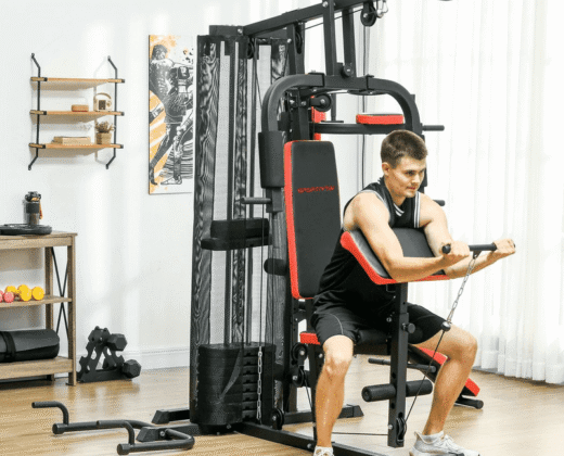 man at home, working out on a multi gym machine