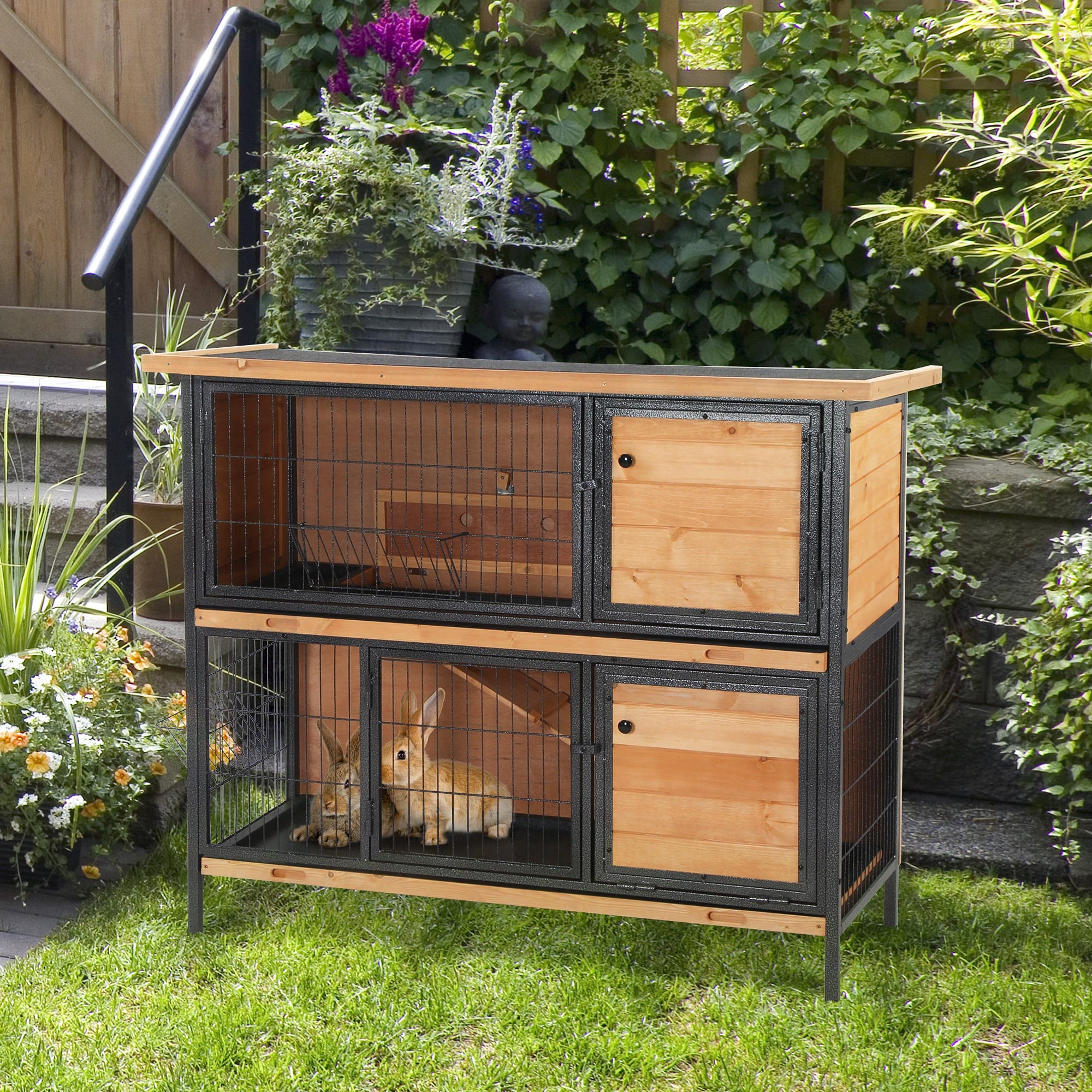 Pawhut Wooden & Metal Rabbit Hutch With Tray Pawhut Wooden Metal Rabbit Hutch With Tray