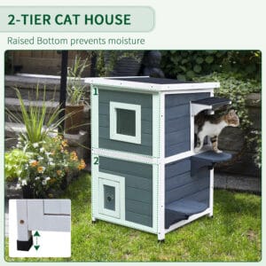 Pawhut Wood 2-Floor Cat Condo Shelter Gray