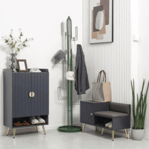 dark grey shoe bench with storage cabinet seating, standing in a hallway with a standing coat hanger