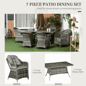 Outsunny 7pc Rattan Dining Set w/ Glass Table