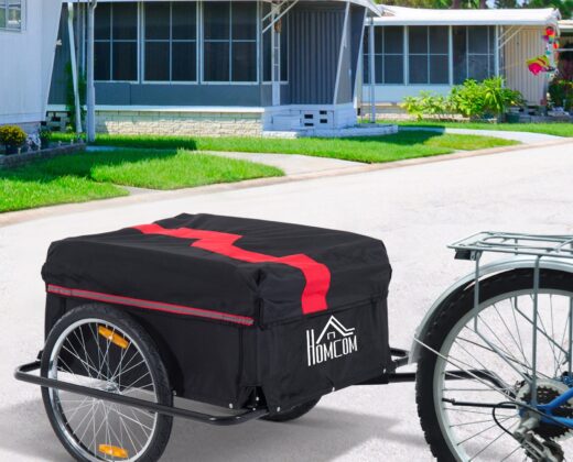 a black and red bicycle trailer with 2 wheels and a top cover, attached to the back wheel of a bicycle