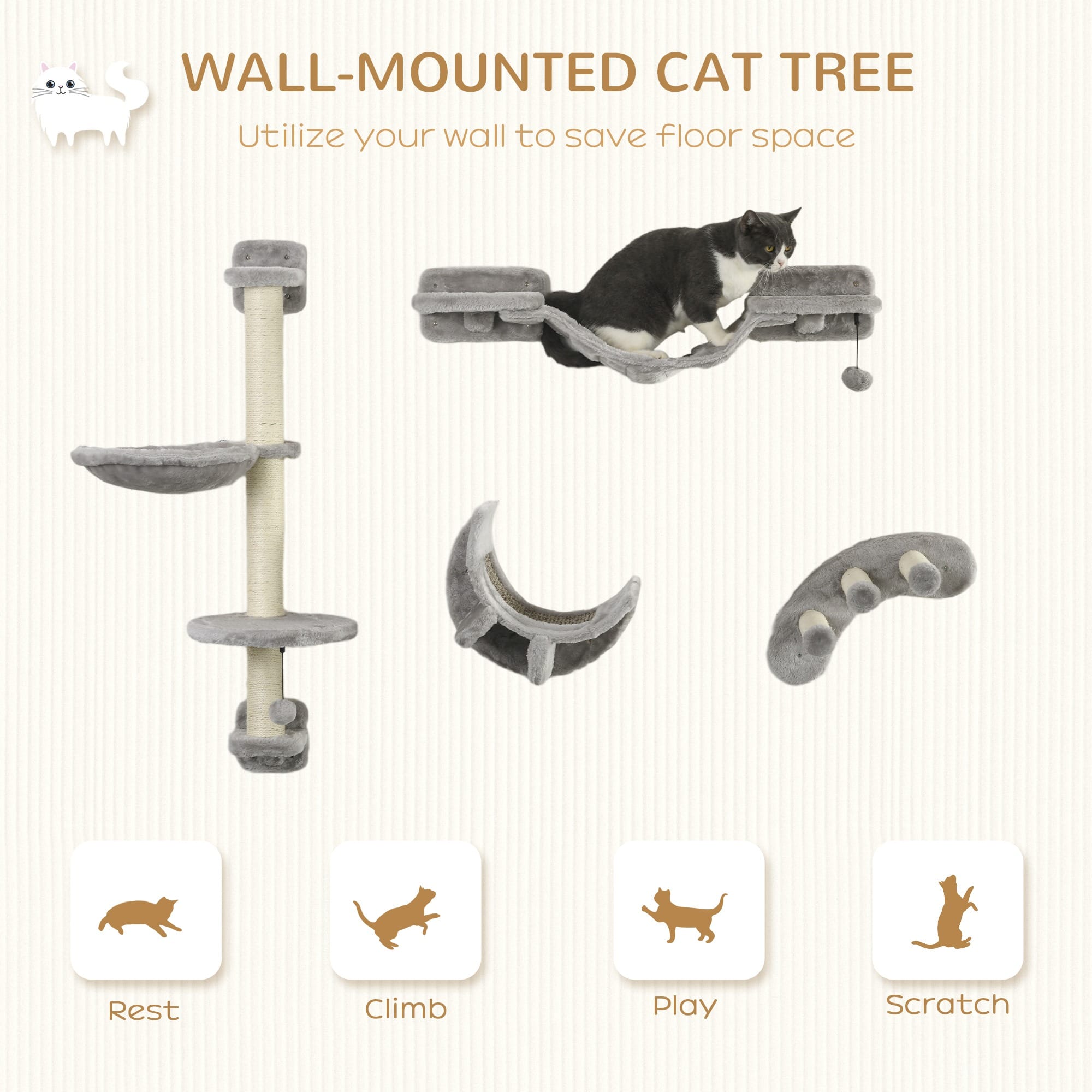 PawHut 4pcs Cat Wall Furniture with Hammock PawHut 4pcs Cat Wall Furniture with Hammock