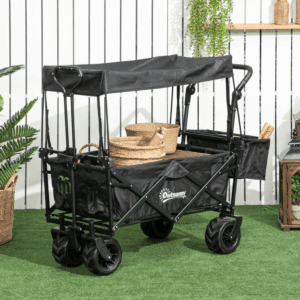 black garden trolley cart, 4 wheels and canopy, inside the cart are wicker baskets