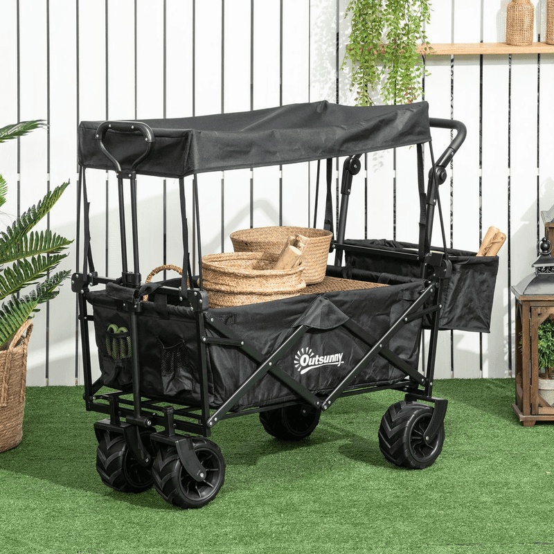Outsunny Trolley Cart Storage Wagon black garden trolley cart, 4 wheels and canopy, inside the cart are wicker baskets