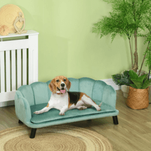 a brown and white beagle laying on a plush green dog sofa bed, next to a radiator on a lime green wall and a wicker mat on a wooden floor