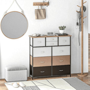chest of drawers, steel frame with brown, fawn and grey fabric drawers with handles, standing in a room with a wooden floor, a mirror on the wall and a coat hanger