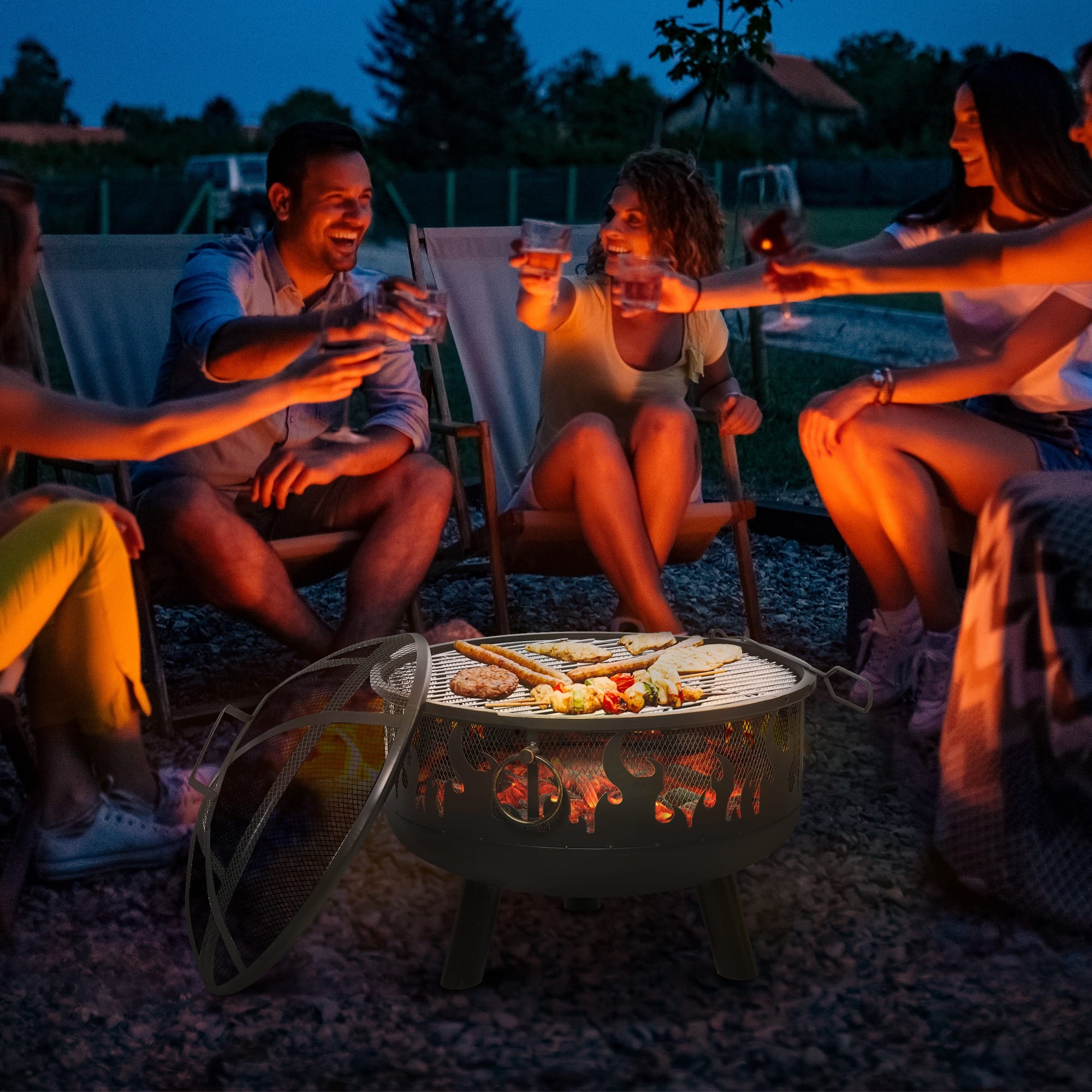 Four people sitting round a barbeque outside, having a drink, linked to camping equipment when image is clicked on.