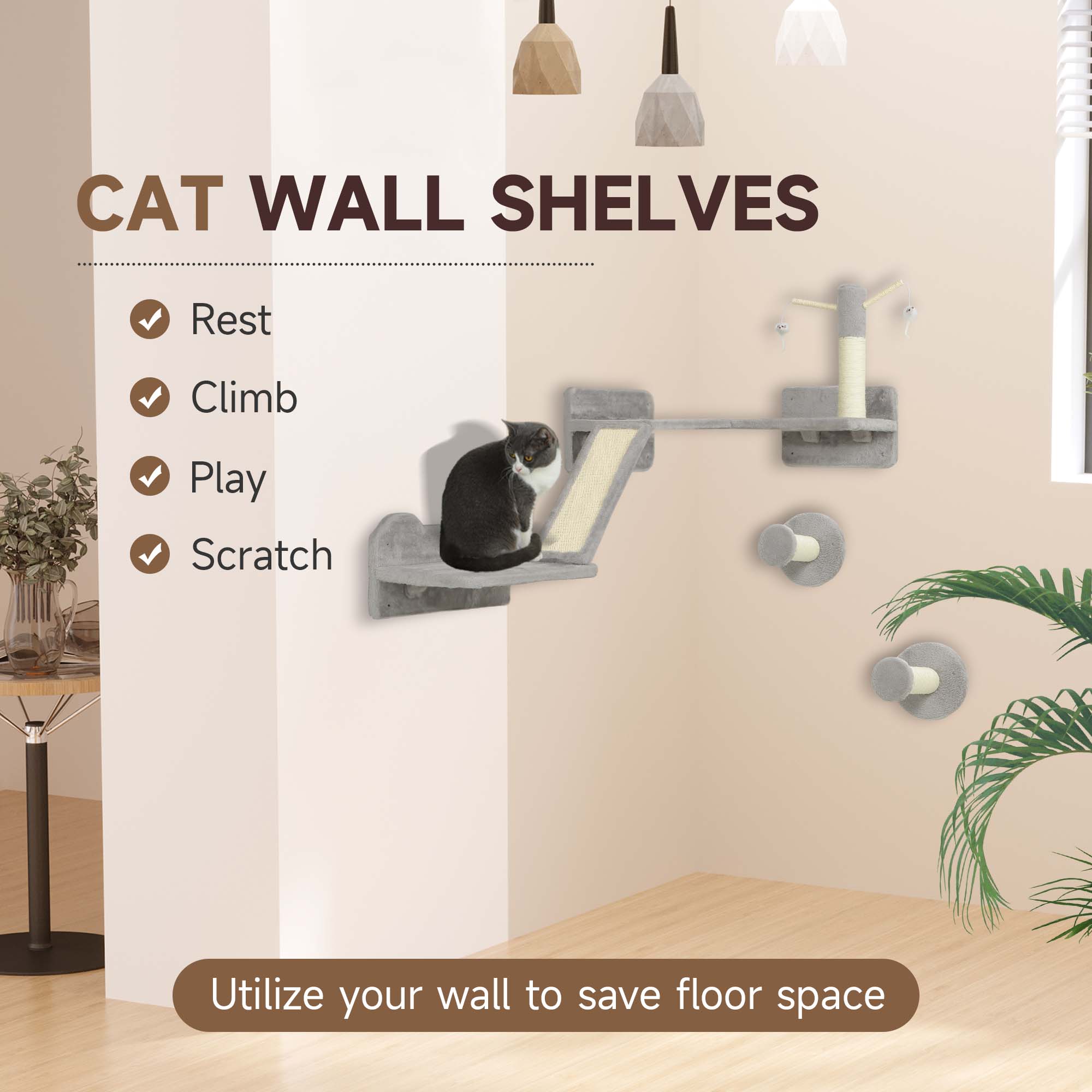 PawHut Cat Wall Shelves 3pc Corner PawHut Cat Wall Shelves 3pc Corner