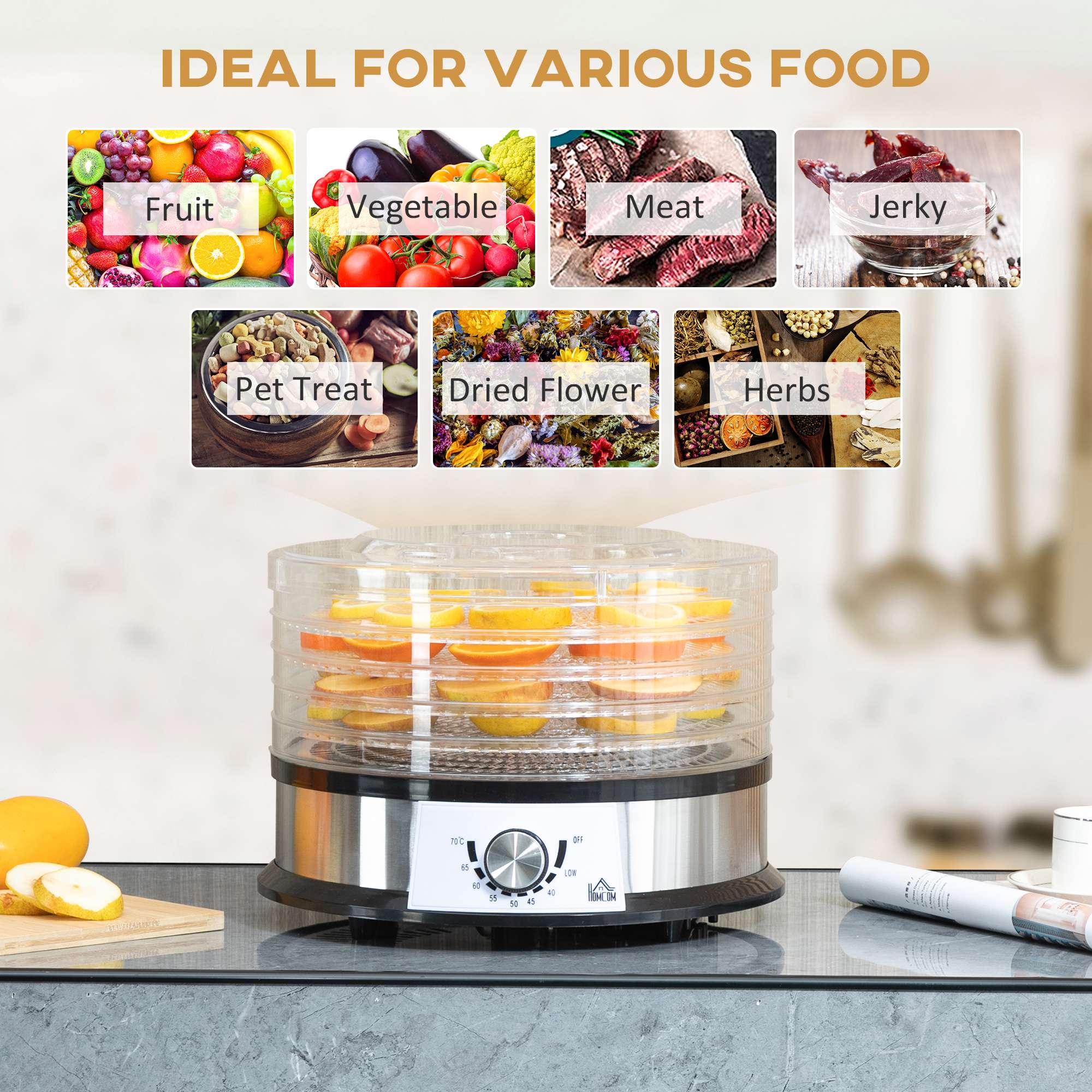 HOMCOM 5 Tier Food Dehydrator 250W Stainless Steel HOMCOM 5 Tier Food Dehydrator 250W Stainless Steel