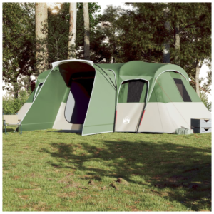 green and grey 16-Person tunnel tent in a field with trees in the background