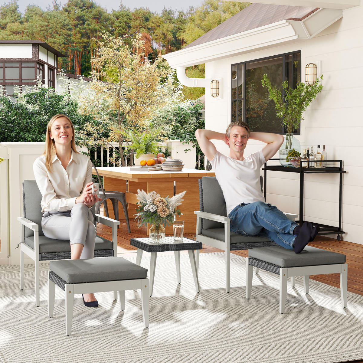 Outsunny 5pc Rattan Patio set w/ Wood Top - Image 1 of 7 Outsunny 5pc Rattan Patio set w/ Wood Top - Image 1 of 7