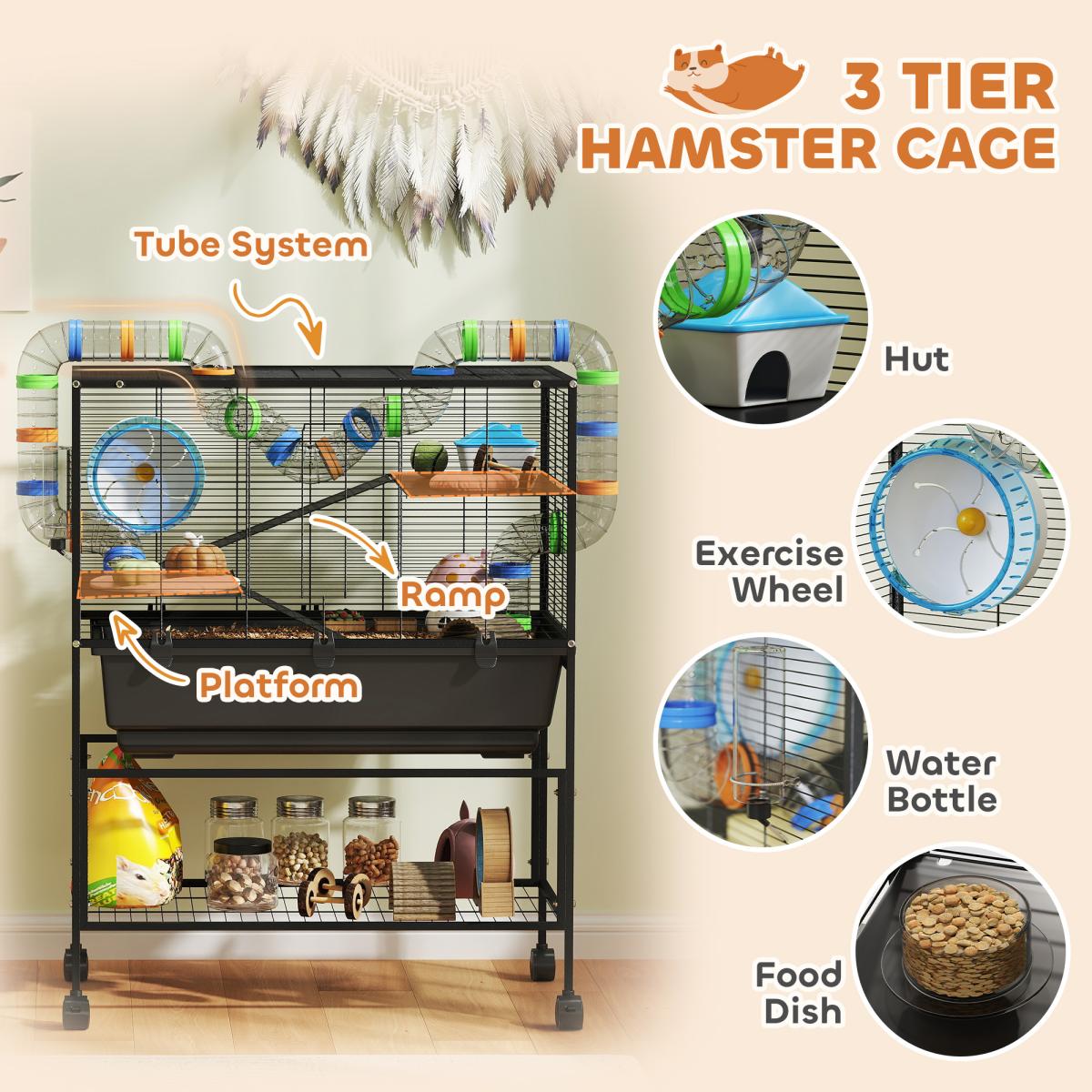 PawHut Hamster Cage 3 Tier on Wheels – Image 4 of 7 PawHut Hamster Cage 3 Tier on Wheels - Image 4 of 7