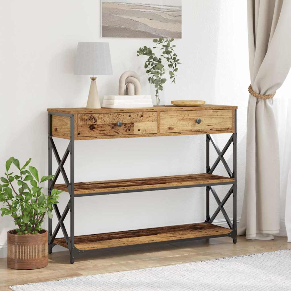 vidaXL Console Table w/ Drawers & Shelf Old Wood - Image 1 of 5 vidaXL Console Table with Drawer & Shelf
