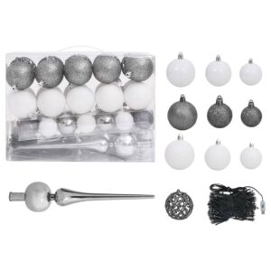 vidaXL Christmas Ball Set w/ Peak & 150 LEDs, White & Grey, Quantity 61 - Image 1 of 1