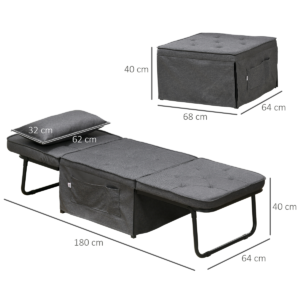 HOMCOM Folding Sleeper Chair Bed with Pillow and Side Pockets, Charcoal Grey