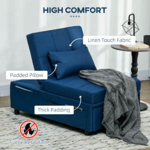 HOMCOM Folding Sofa Bed Adjustable Single Sleeper w/ Pillow Side Pocket, Blue