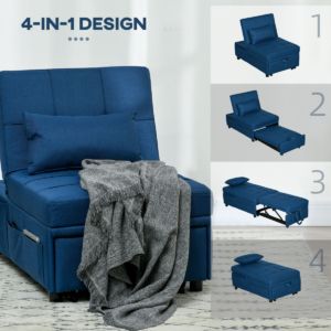 HOMCOM Folding Sofa Bed Adjustable Single Sleeper w/ Pillow Side Pocket, Blue