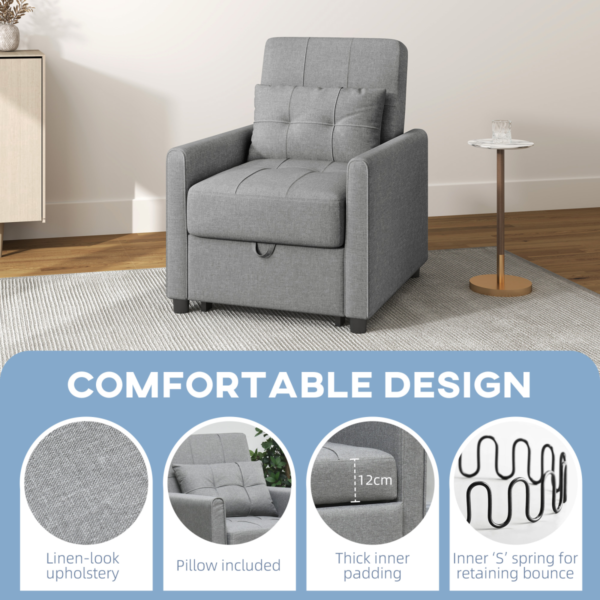 HOMCOM Pull Out Chair Bed With Pillow HOMCOM Pull Out Chair Bed With Pillow