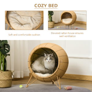 PawHut Wicker Cat Bed Elevated Rattan with Cushion
